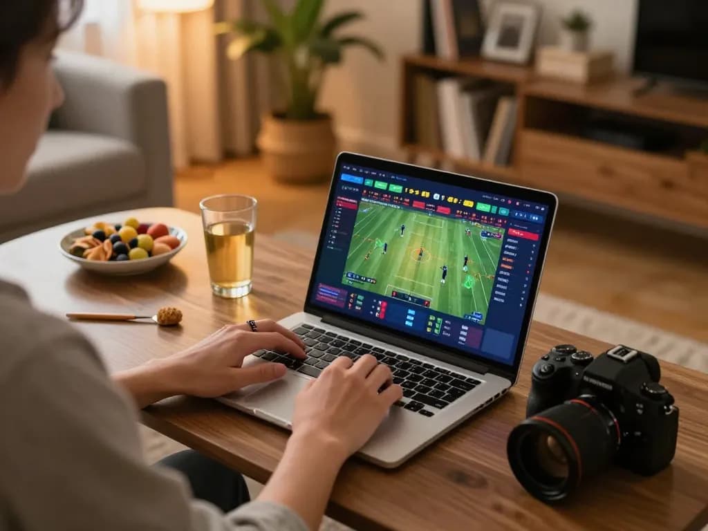 Betting on sports using a laptop at home while enjoying snacks showcasing Nhà cái FC88.