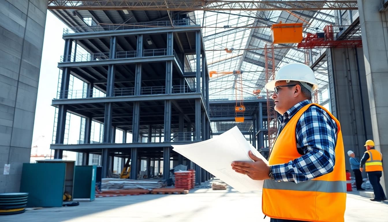 New York General Contractor working on a construction site, reviewing blueprints and overseeing renovations.