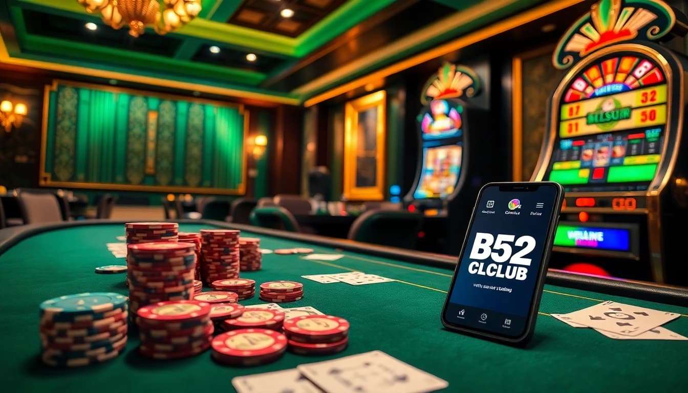 Engage in thrilling games at B52CLUB with vibrant poker chips and a roulette wheel in a luxurious casino setting.