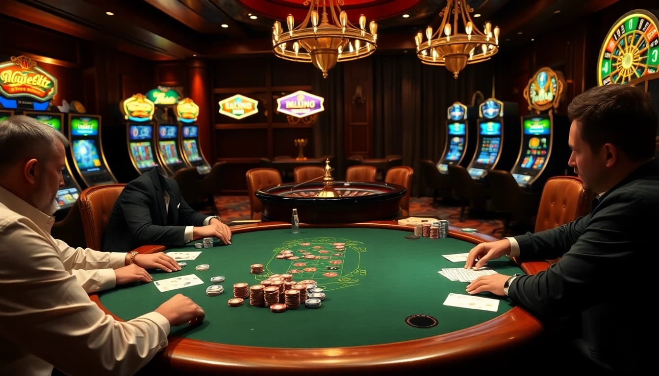 Players strategizing at a luxurious poker table in the casino environment of https://qq888.dev/ showcasing excitement and gaming elegance.