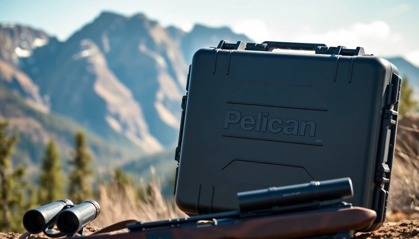 Showcase of pelican gun case for sale, displayed in a natural outdoor setting with rifle and binoculars.