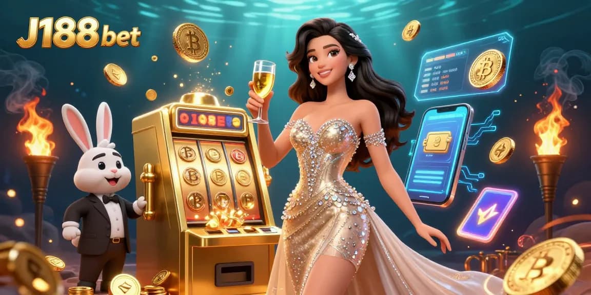 Experience exhilarating wins with J188 bet at a vibrant casino scene featuring golden slot machines.