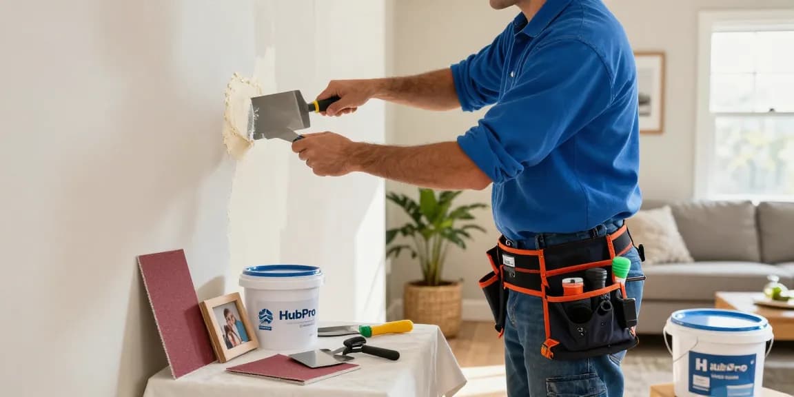 HubPro in Orange County handyman repairing drywall in a bright living room.