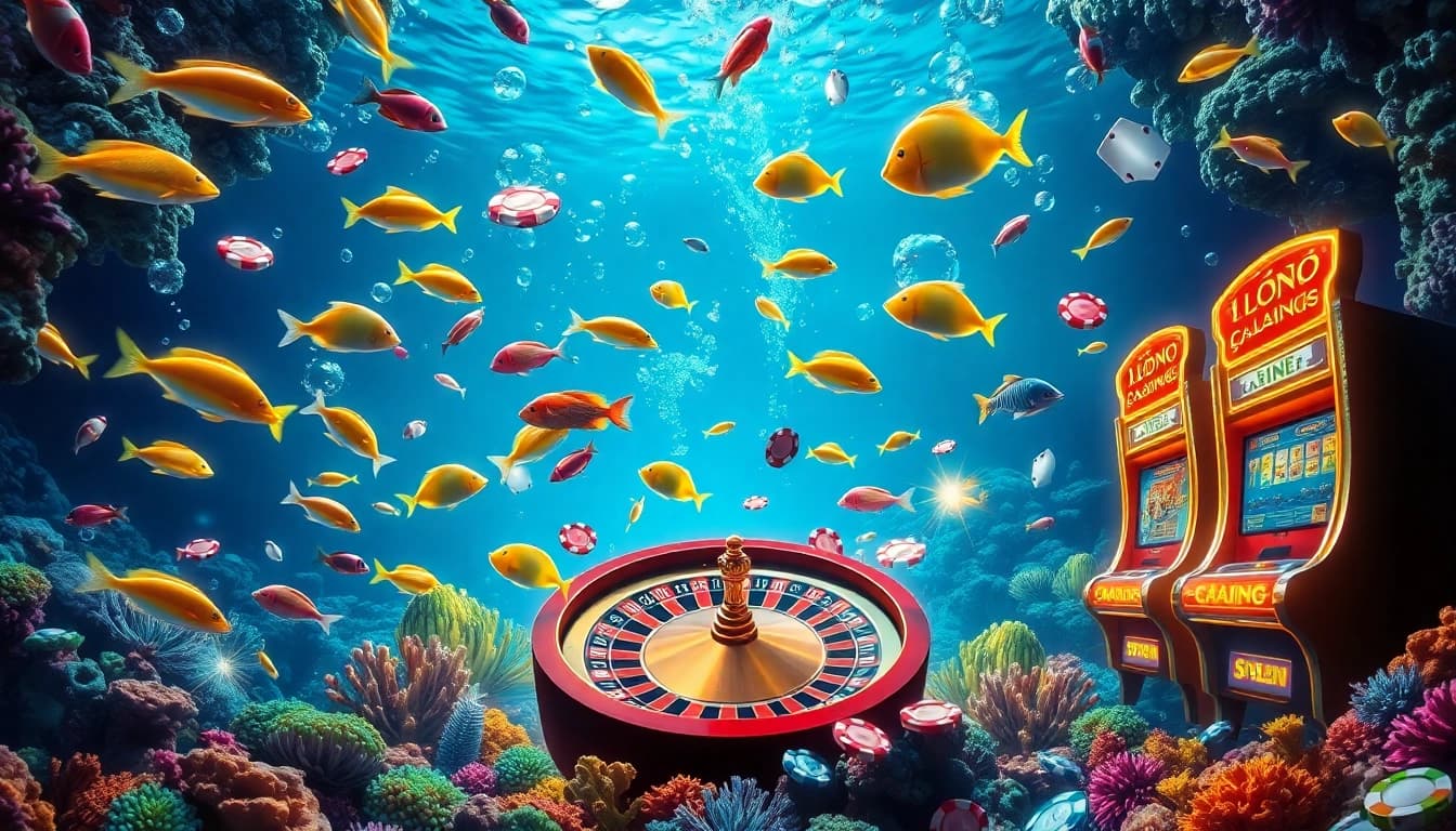 Bắn cá đổi thưởng with exciting underwater scenes featuring colorful fish and casino elements like poker chips and slot machines.