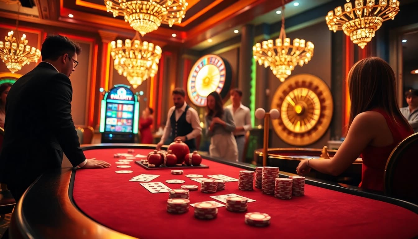 Exciting casino experience at https://68vip.video/ with luxurious poker table and engaging players.