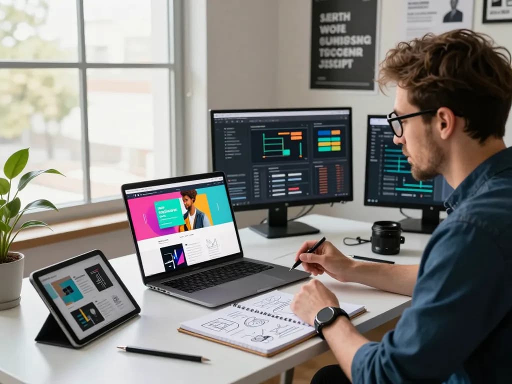 Hire web designer in a modern studio, showcasing collaborative web design process with vibrant mockups and client interaction.