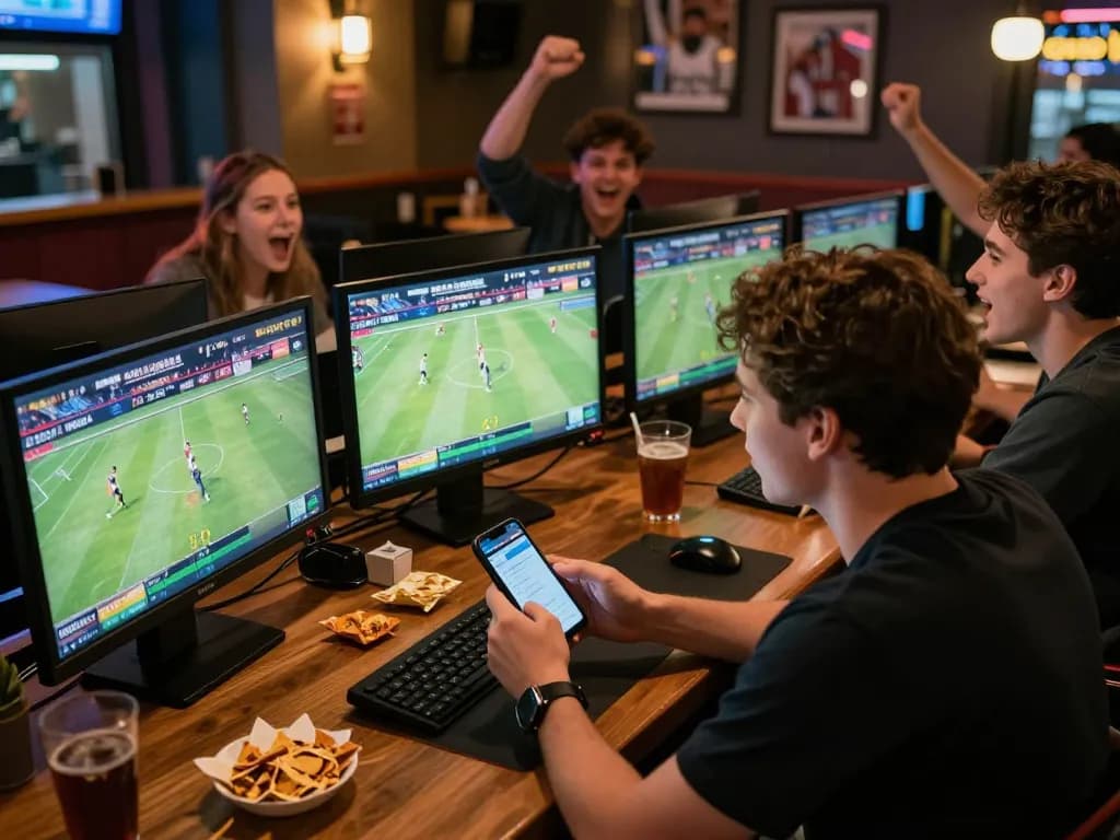 FC88 sports betting excitement with a person placing bets on their smartphone amid cheering friends