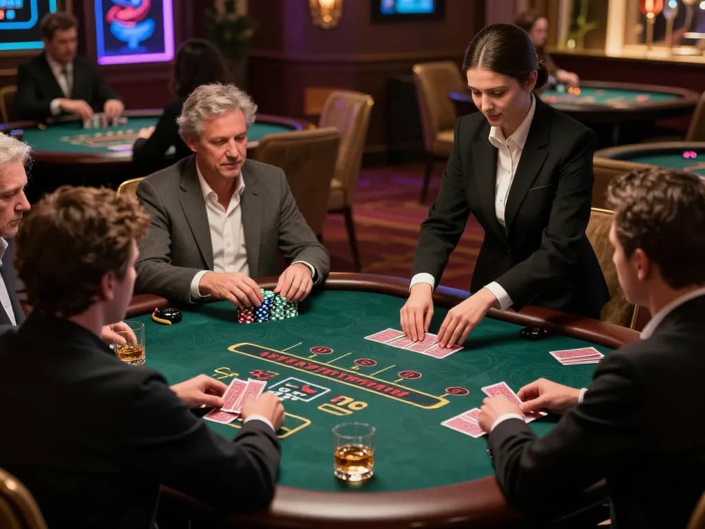 Players engaging in intense blackjack game at C168 casino, luxurious atmosphere and professional dealer visible.