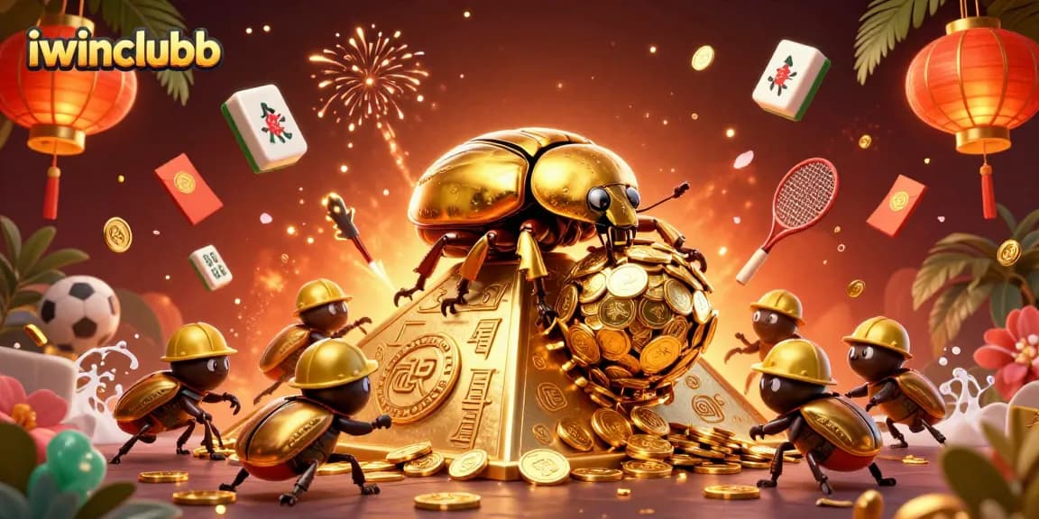 Engage with iwinclubb's vibrant casino world featuring golden beetles and casino symbols.