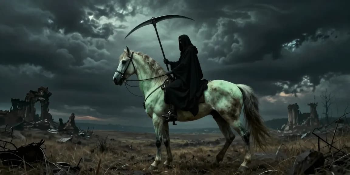The Pale Horse in Revelation French Explained: a haunting scene featuring the deathly green horse, rider with scythe, and barren landscape.