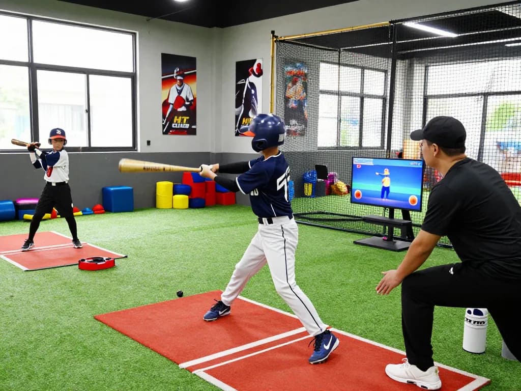 Youth athlete training at hitclub batting cage with coach guidance.
