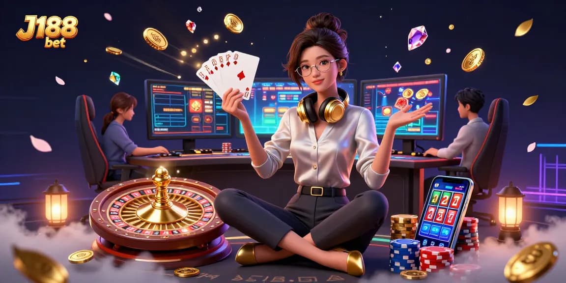Get ready to win with J188 bet, showcasing a vibrant casino scene with golden coins and live games.