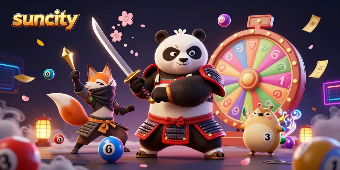 Experience thrilling gameplay at suncity with a 3D illustration featuring a samurai panda amidst exciting casino elements.
