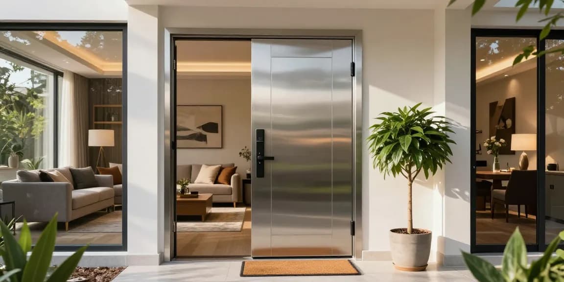 Single leaf swing door displayed in a modern home entrance, enhancing stylish interior design.