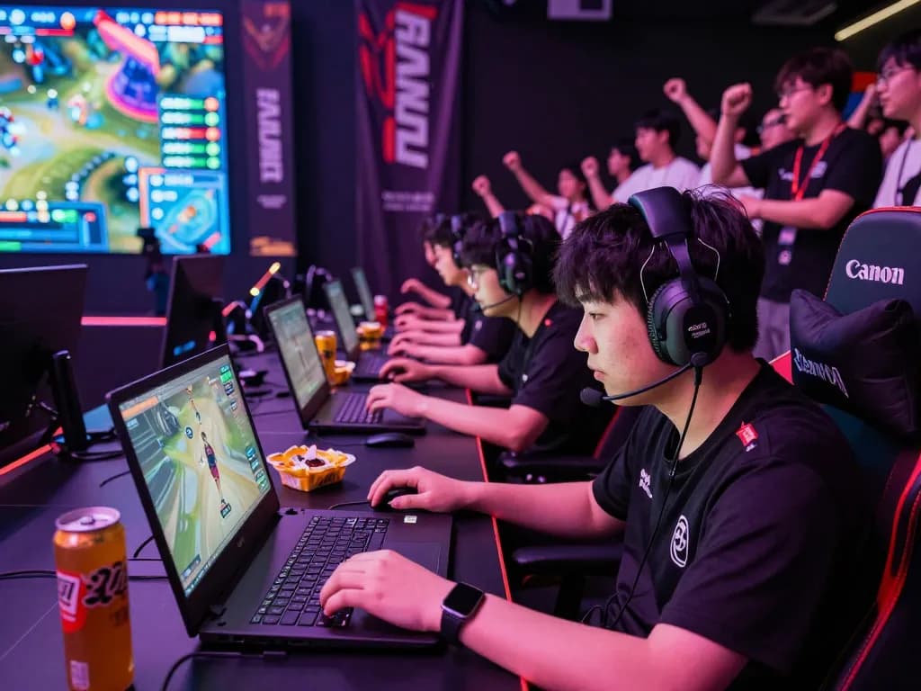 Intense gamer playing 33win app in an esports arena filled with cheering fans.
