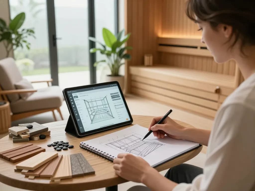 Custom sauna configurator design scene featuring a designer and client in a serene environment.