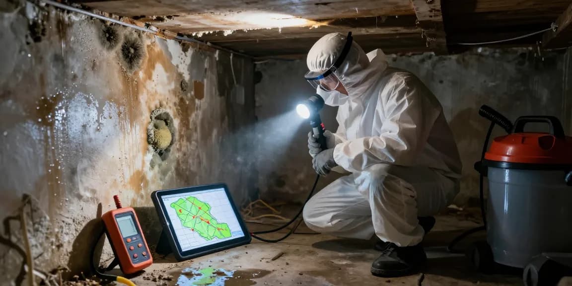 Expert technician conducting mold removal services in a basement with advanced equipment and signs of damage.