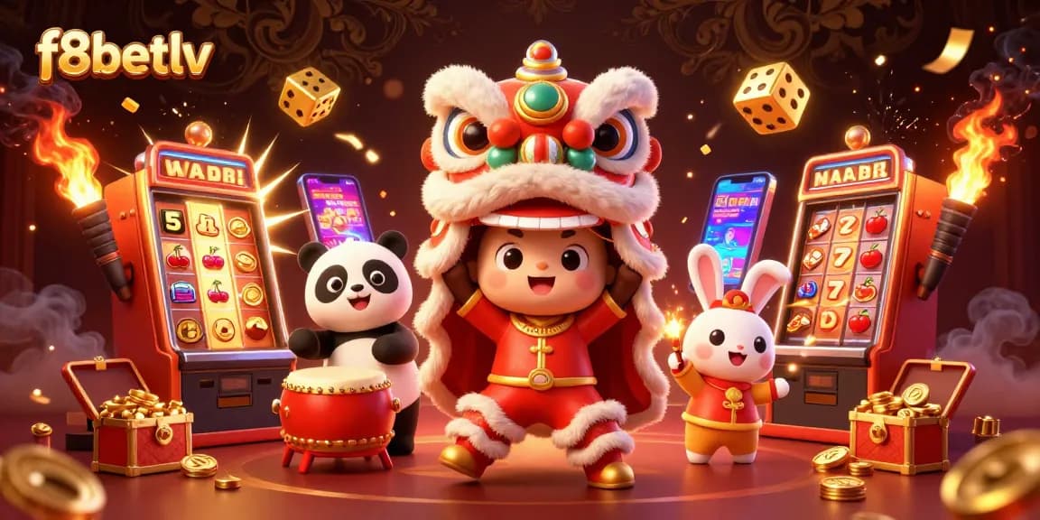 Experience jackpots with f8betlv in a vibrant casino-themed illustration featuring lively game characters.