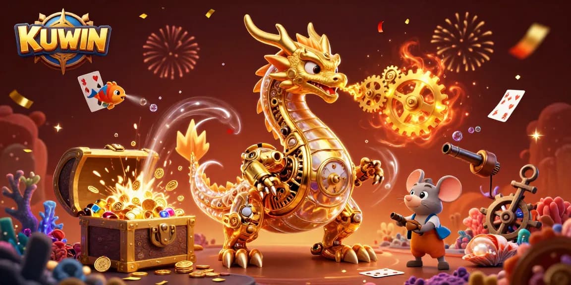 Engage with KUWIN's thrilling casino experience featuring a golden dragon and treasure.