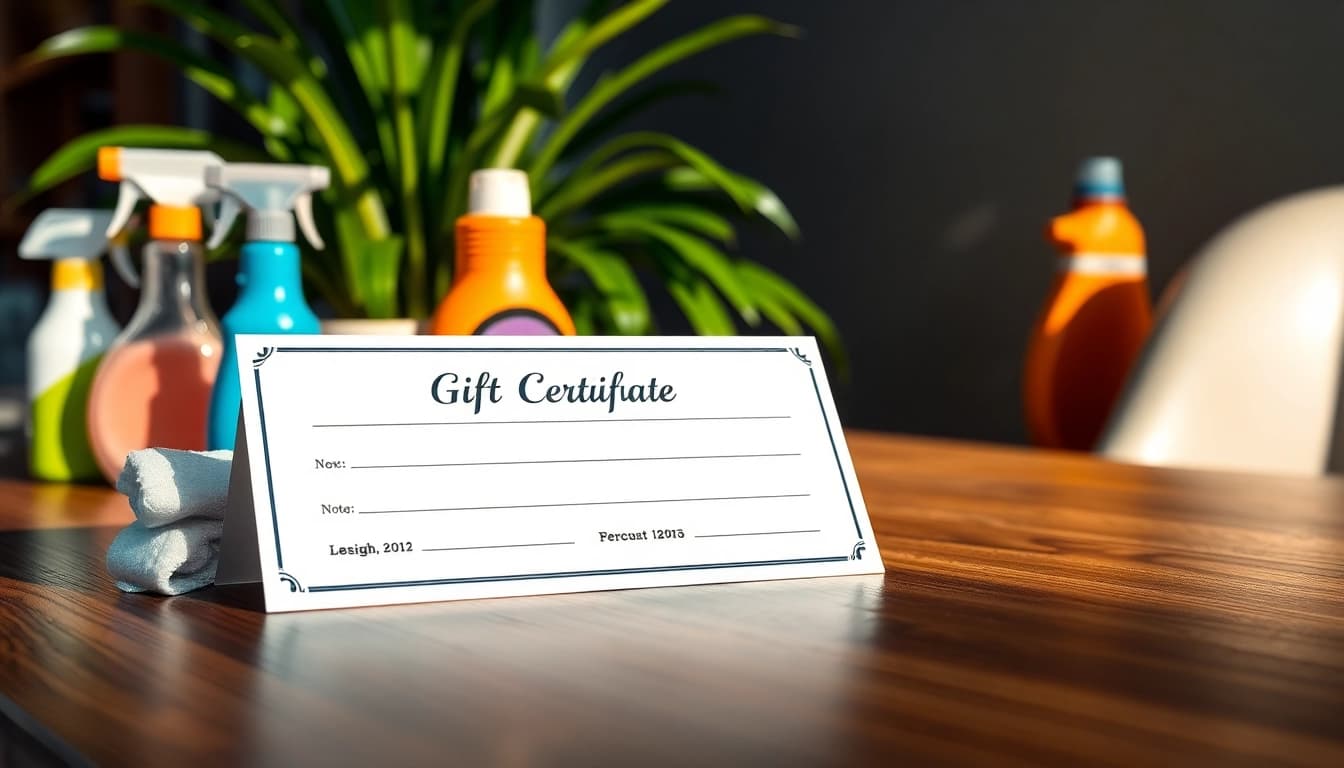 Car detailing gift certificate elegantly displayed on a wooden table with automotive supplies.