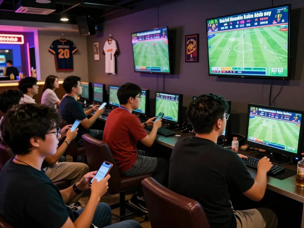 Fans checking tỷ lệ kèo nhà cái hôm nay while placing bets in an energetic sports betting lounge.