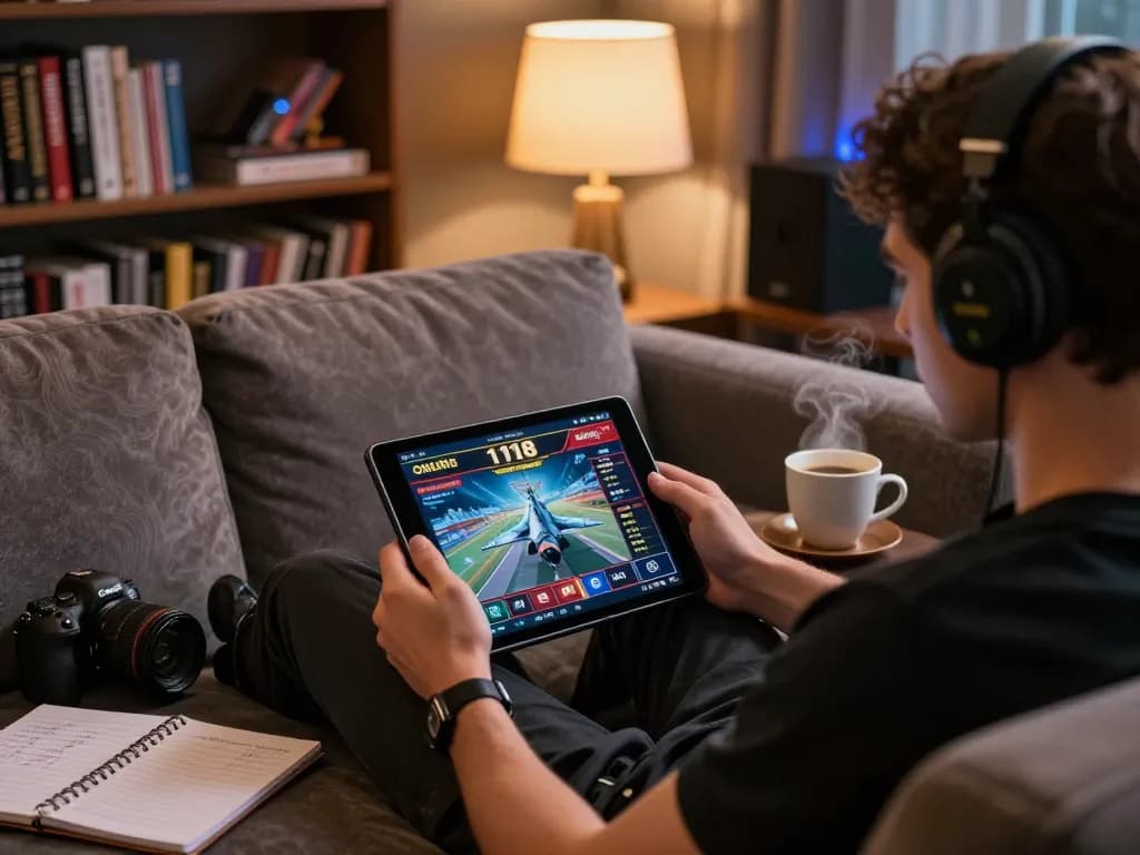 Person engaging with f168 online casino on a tablet in a cozy home setting.