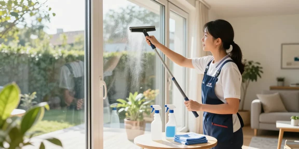 Professional window cleaner demonstrates glasreinigung preis expertise in bright home environment.