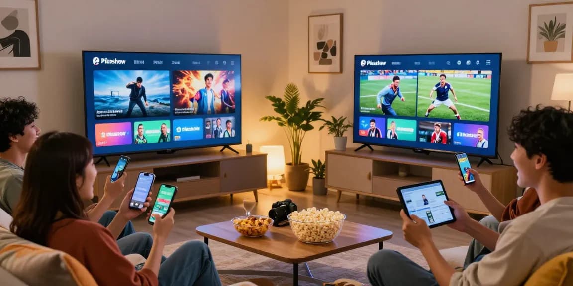 Pikashow streaming view with friends enjoying movies in a cozy living room.