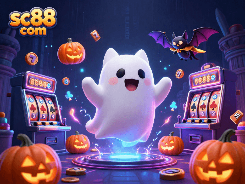 Experience thrilling games at sc88 com with a playful ghost cat, vibrant elements, and rich casino themes.