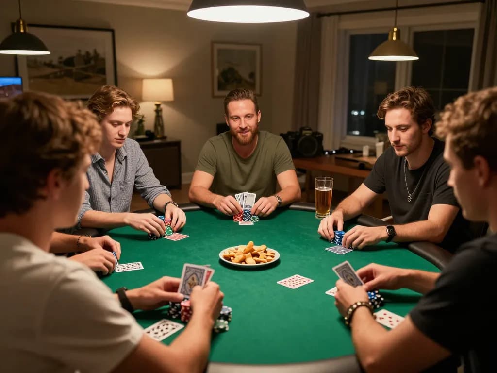 Engaging scene of friends playing poker at home with Nhà cái Xo88 as their gaming inspiration.