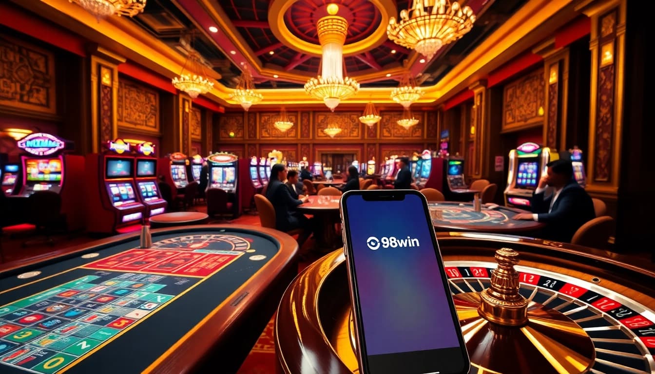 Experience the thrill of 98win at a luxurious casino with poker tables, slot machines, and roulette wheels.