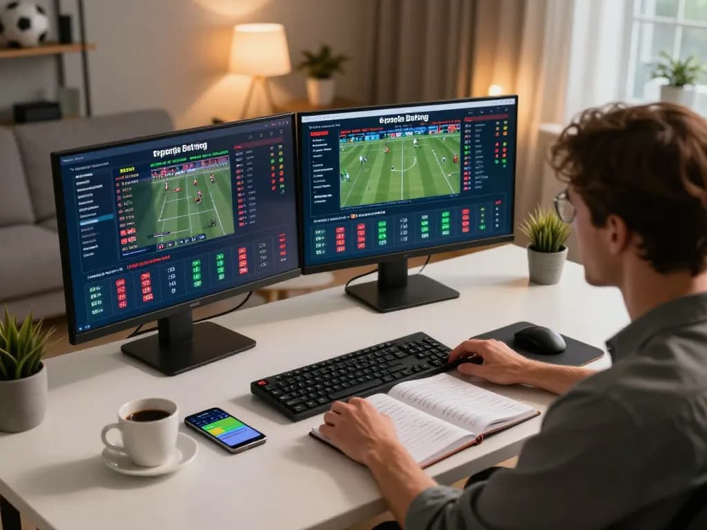 Betting on 90phut sports events from a stylish home office setup featuring dual screens.