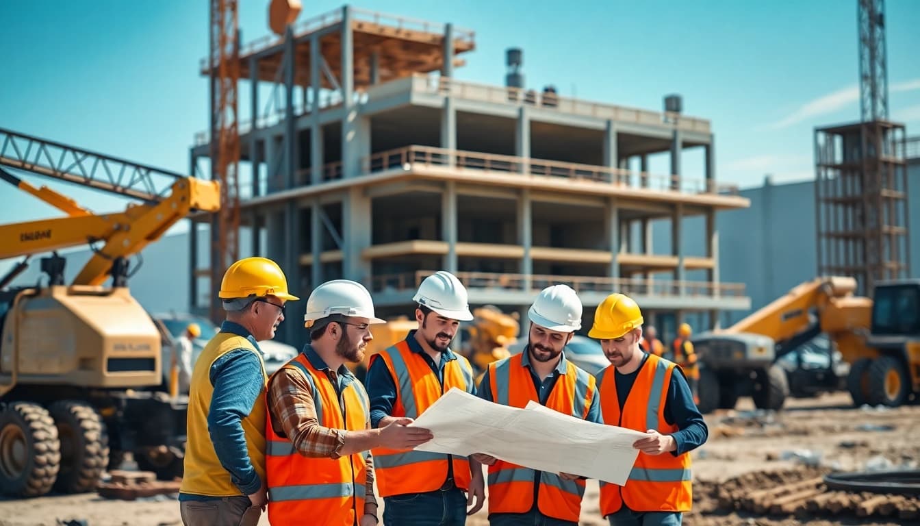 New Jersey Commercial General Contractor team collaborating on construction plans at a site.