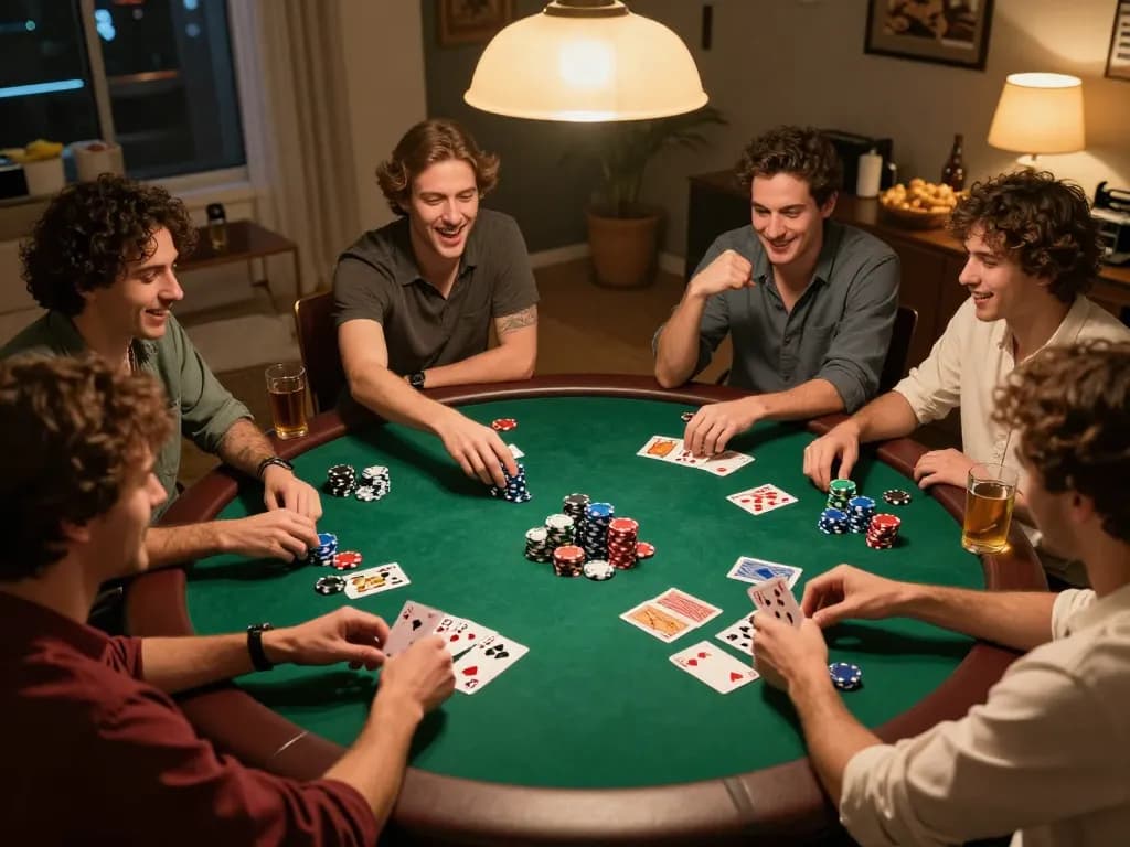 Friends enjoying a thrilling home poker game night, showcasing the lively atmosphere and strategic gameplay while engaging in friendly competition at the table, centered around MB66.