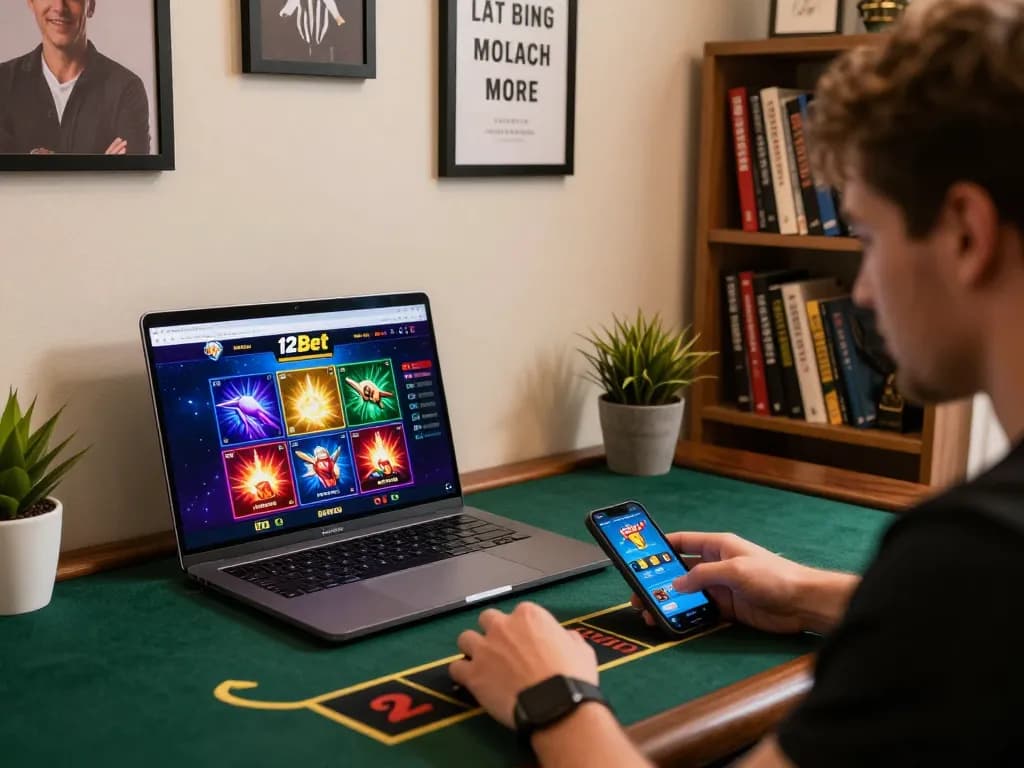 Tương tác với Link 12bet trên một thiết bị cá cược trực tuyến có máy tính xách tay hiển thị các trò chơi sòng bạc sinh động.