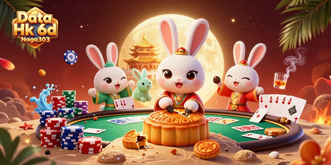 Juega en Data Hk 6d Naga303, vista creativa de un conejo lunar y fichas de póker.