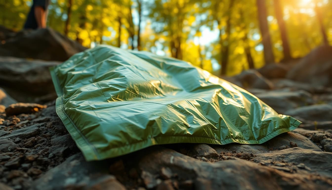Emergency blanket laid out prominently in a natural setting, showcasing its reflective quality.