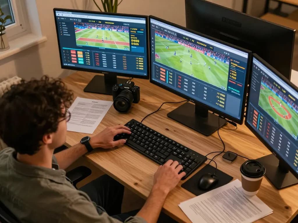 f168 sports betting setup with multiple screens displaying live games and odds for strategic wagering