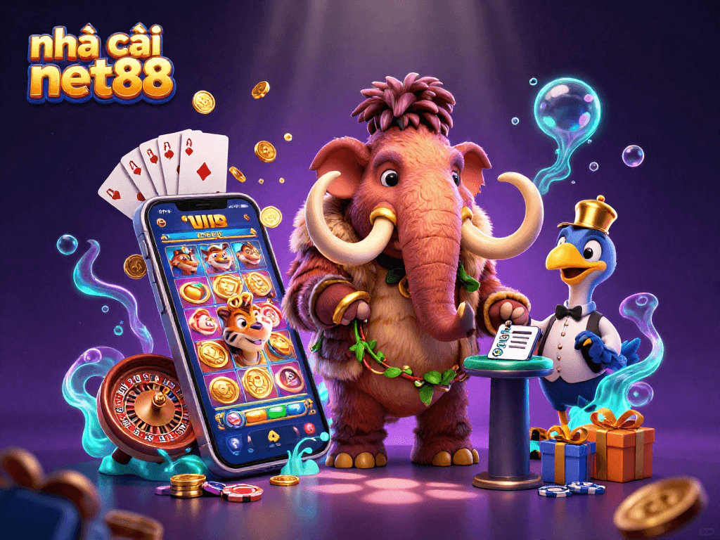 Engage with nhà cái net88 at a lively casino entrance featuring a woolly mammoth bouncer.