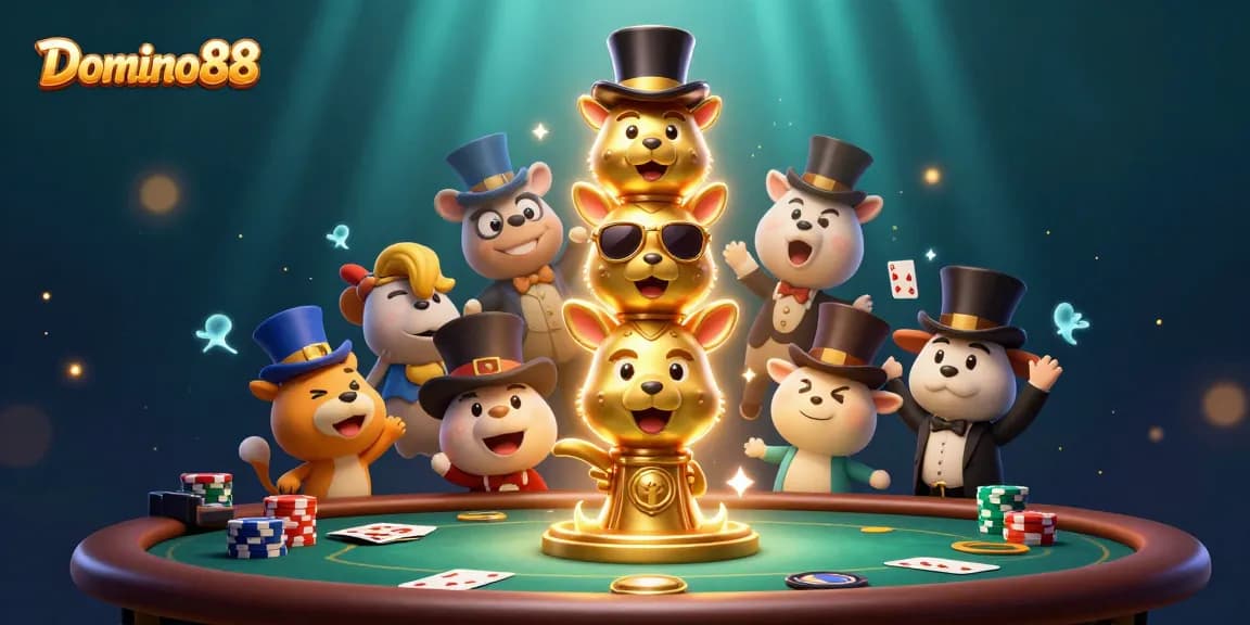 Join the excitement of Domino88 poker with a lively illustration featuring vibrant characters and action-filled gaming elements.