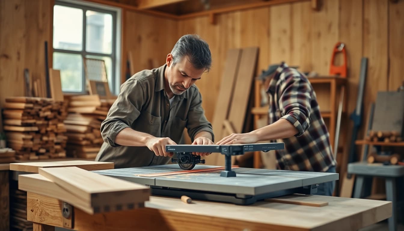 Craftsman using a table saw and miter saw combo for precise woodcuts.