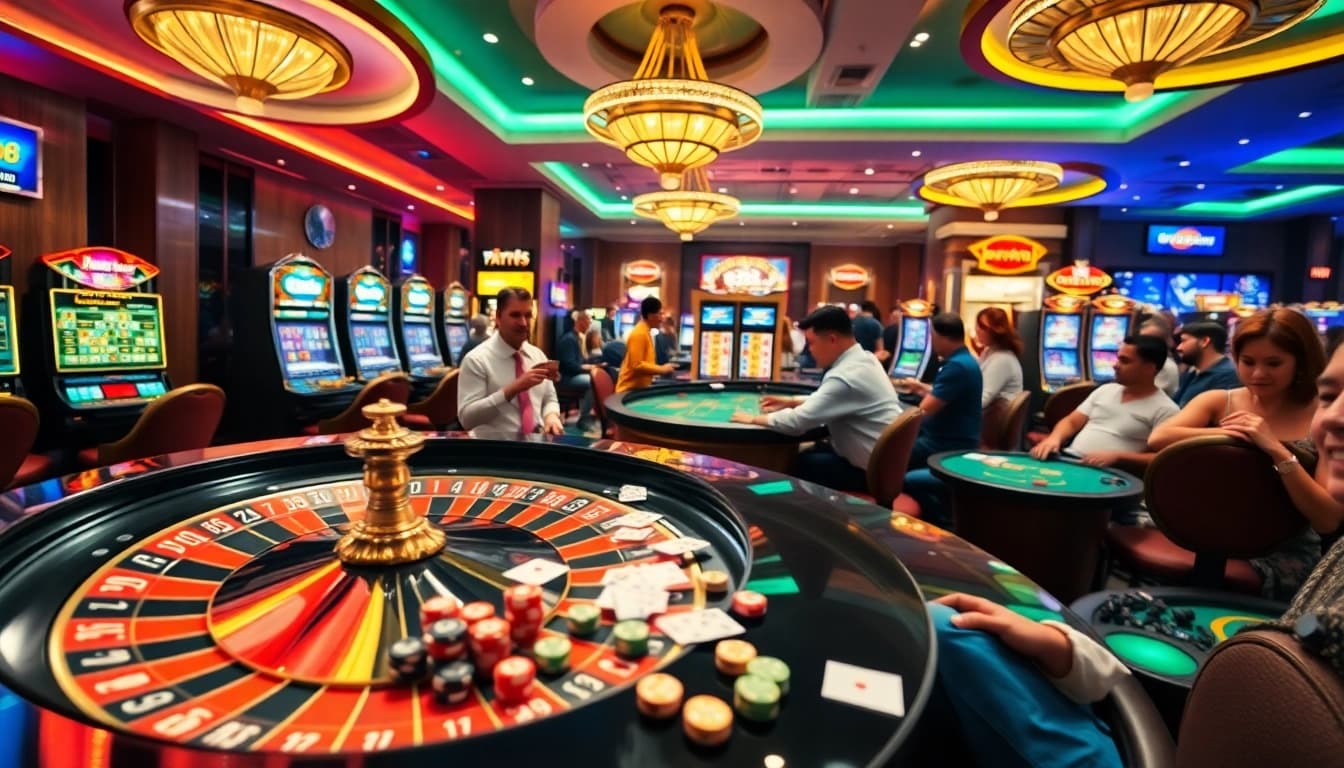 Players enjoying a vibrant casino experience at https://open88.mobi/, featuring roulette and slot machines.