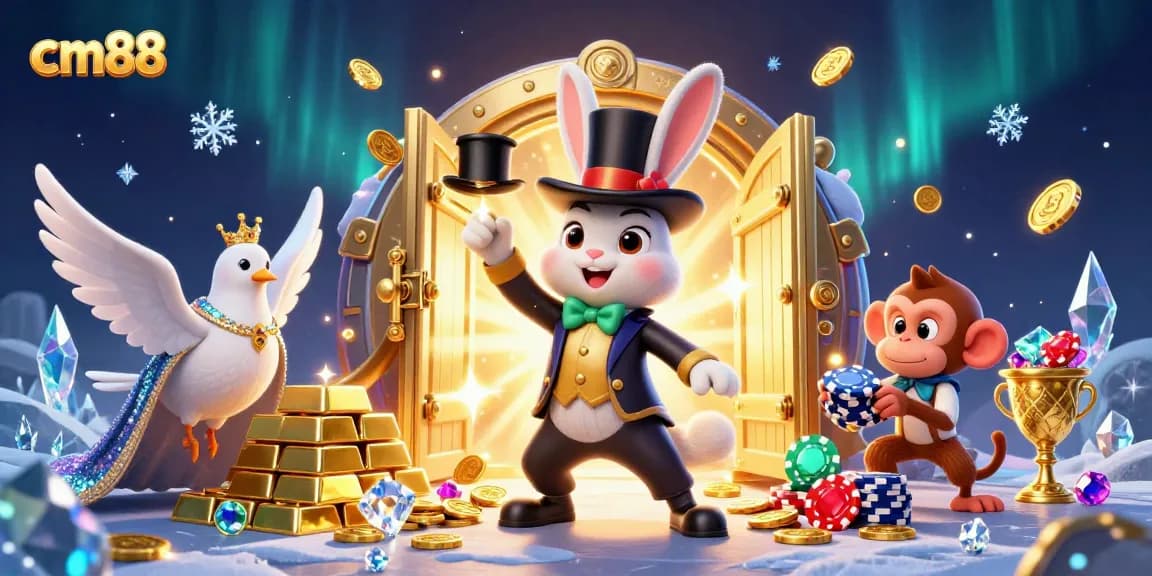 Experience the excitement at cm88 with a magician rabbit pulling golden coins in a dazzling casino scene