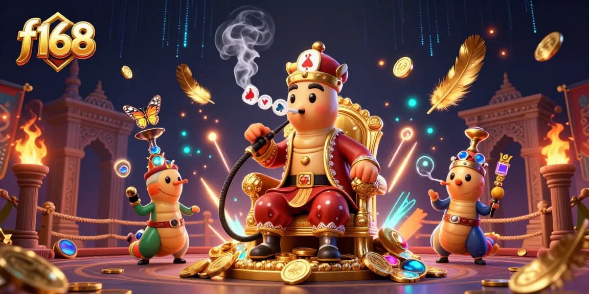 Join the excitement at f168 with a 3D illustration of a unique casino master and vibrant gaming elements.