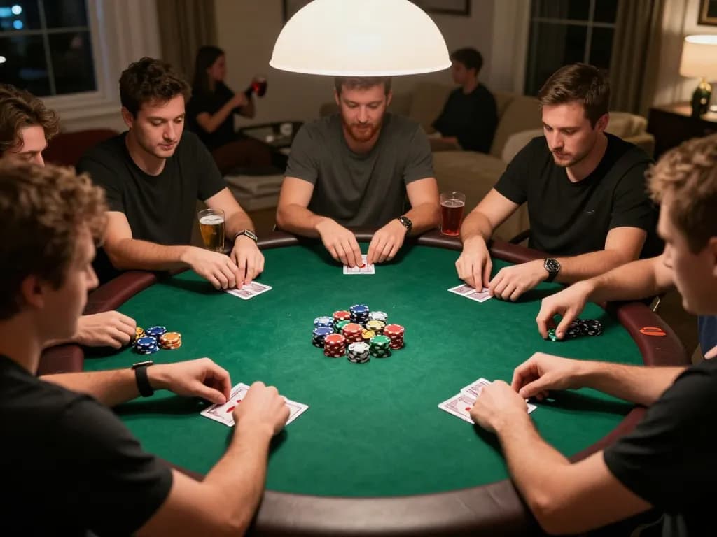 Engaging poker game atmosphere showcasing players at a home game night, featuring 78winbizcom betting excitement.