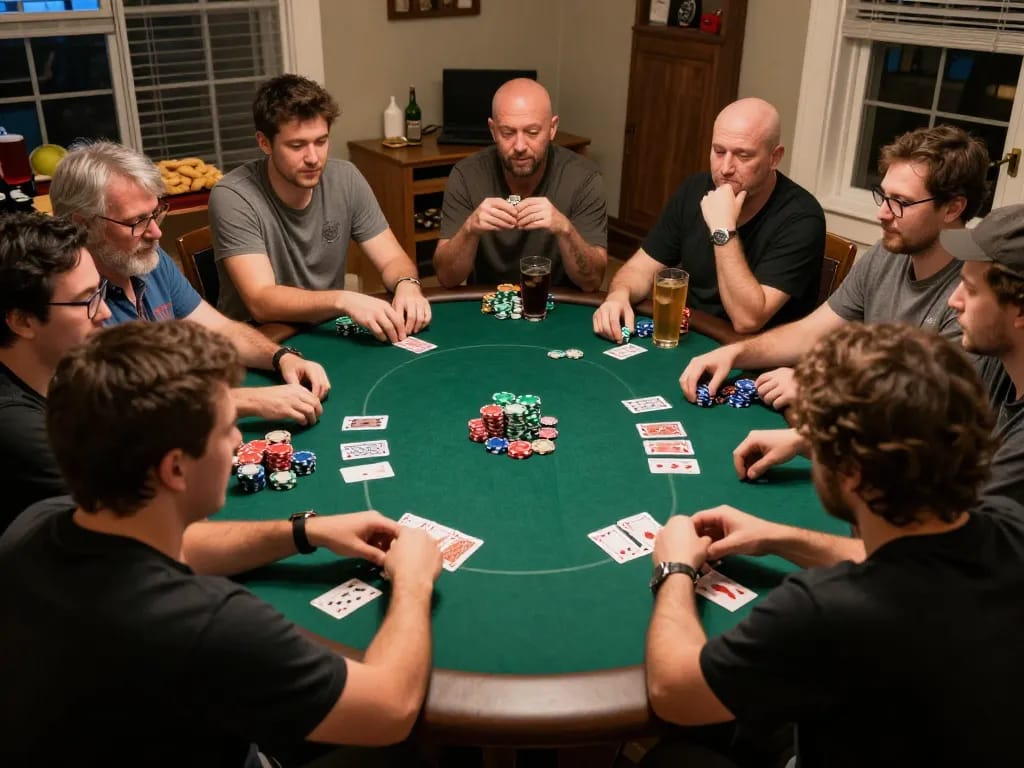 Players enjoying a friendly poker game at home, showcasing icm88 strategies in a relaxed atmosphere