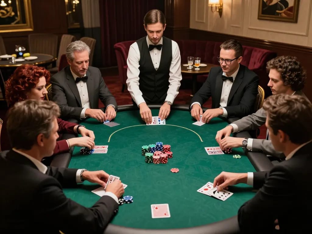 Main poker lapak303 game in an upscale private room with intense players and vibrant chips.