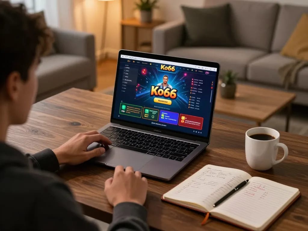 Player engaging with Nhà cái ko66 online casino interface, analyzing gameplay strategy at home