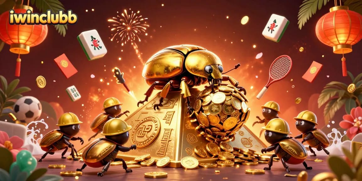 Engage with iwinclubb's vibrant casino world featuring golden beetles and casino symbols.
