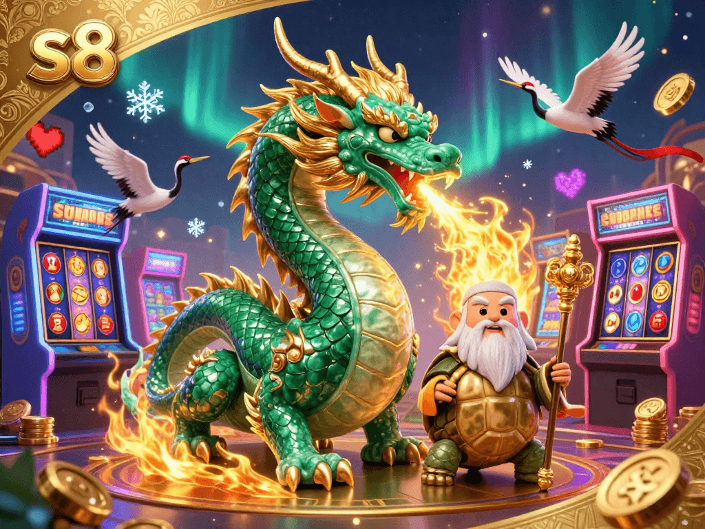 Join the s8 gaming adventure with vibrant slot machines and lucky symbols in a dynamic casino scene.
